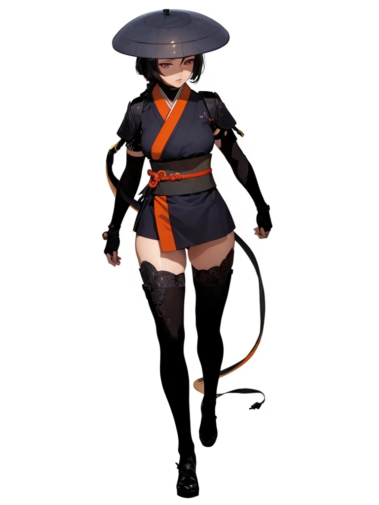 ((1girl, solo)), beautiful body, (perfect anatomy, perfect body, perfect hands, perfect legs), (five fingers:1.5), natural proportions, sexy body, large breasts, cowboy shot BREAK 

((extremely detailed face)), (beautiful detailed eyes:1.6), (realistic pupils, realistic iris:1), expressive eyes, looking at viewer, (clear eyes:1.3), (hyperrealistic:1.2), (detailed skin texture:1.2), smooth skin, (black hair:1.5), (red eyes:1.3),  ((mature female)), (detailed lips:1.2), (attractive lips:1.1), (glossy lips:1.1), (parted lips), perfect face, perfect eyes BREAK

japanese clothes, (short kimono:1.5), puffy short sleeves, sash, black elbow gloves, fingerless gloves, (arm guard:1.5), thighs, black thighhighs, ass visible through thighs, jingasa BREAK

(masterpiece:1.5), anime-style, top quality, best quality, (beautiful and aesthetic:1.2), (ultra detail:1.5), Ultra-detailed depiction, Ultra-precise depiction, extremely detailed 8k illustration, high resolution, (highly detailed shading:1.2), (realistic lighting:1.4), perfect lighting, vibrant colors, dynamic tones, striking hues, 8k, absurd resolution, perfect shadows, hdr, UHD, ambient lighting, realistic, ultra-realistic, photo realistic, highly detailed, rich detail, luminous colors, fine texture, intricate design, professional illustration, (soft light:1.2), (illustration:0.7)