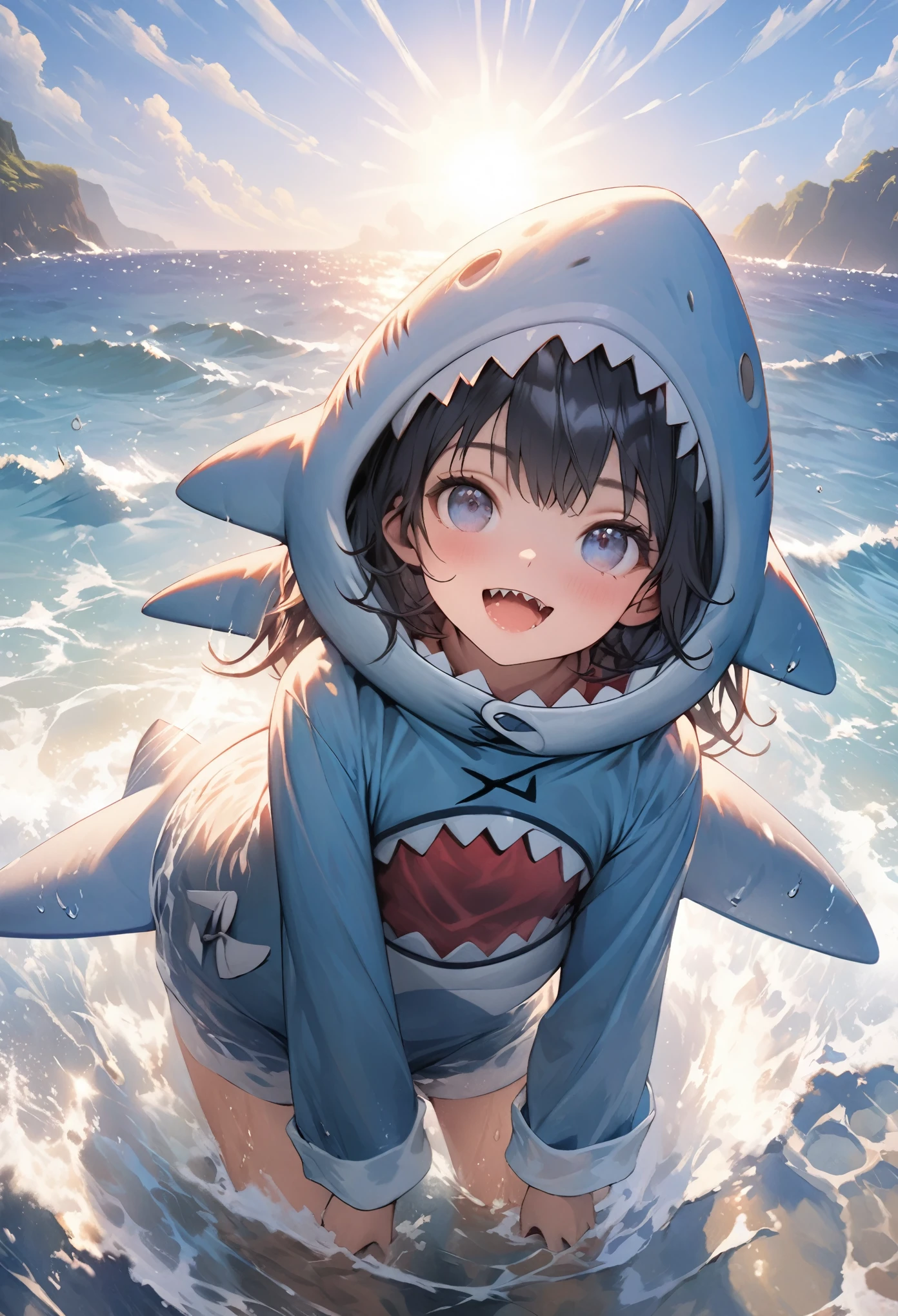 masterpiece, best quality, extremely detailed CG unity 8k wallpaper, Illustration of a cute girl wearing a shark costume. playing in the sea. The sun's rays reflect on the sea, creating a variety of colors. The background is a realistic representation.