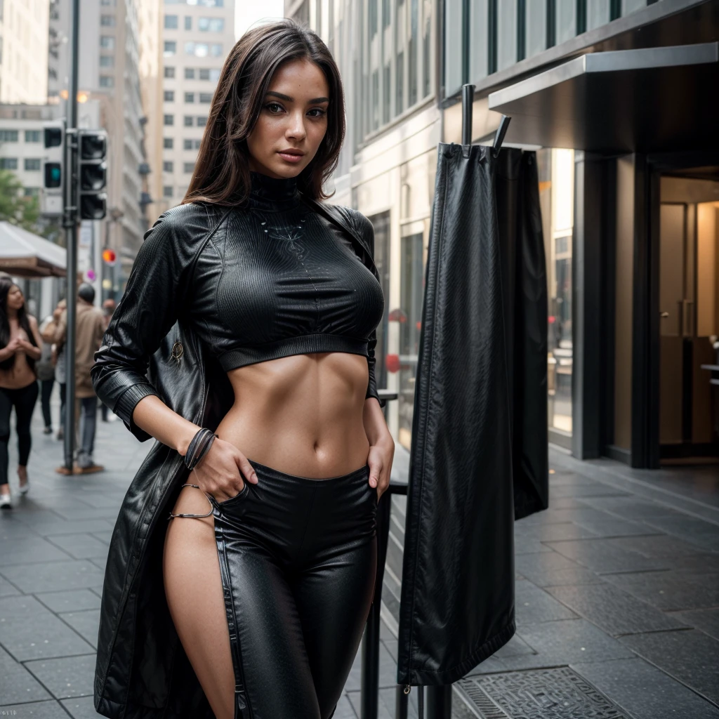 [[((young attractive woman with a captivating presence, embodying the essence of Allurist:1.6)), standing confidently on a vibrant city street. She is dressed in stylish, modern, and elegant fashion with elements of fitness and travel seamlessly integrated into her outfit:1.6)), wearing ((a fusion of high-end fashion and fitness wear, featuring sleek lines, advanced materials, and a touch of futuristic design, symbolizing magnetic allure:1.4)). The background features a bustling urban environment with sleek architectural designs, digital billboards, and a mix of traditional and modern elements. The scene is captured with a ((full-frame DSLR:1.4)) using a ((35mm prime lens:1.4)) to capture a wider view while keeping the woman in sharp focus. Professional lighting enhances her natural features and adds a ((dynamic bokeh effect:1.3)) to the background. The image should be in ((8K resolution:1.5)) with ((hyper-realistic detail:1.6)). The focus is entirely on the woman's stylish and confident presence, capturing the essence of magnetic allure perfectly in an upscale, dynamic urban environment.]]
