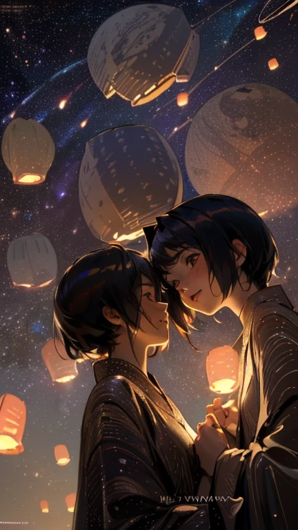 nsfw, Masterpiece, top quality, highly detailed, Photorealistic style, Chiaroscuro style, backlighting,
2 girls, A lesbian couple make out in yukata,
looking at the camera with a smile,
A close-up of their beautiful eyes,
(Lots of fireworks all over the sky,
Many Lanterns floating in the sky,
big shining milky way:1.4),
