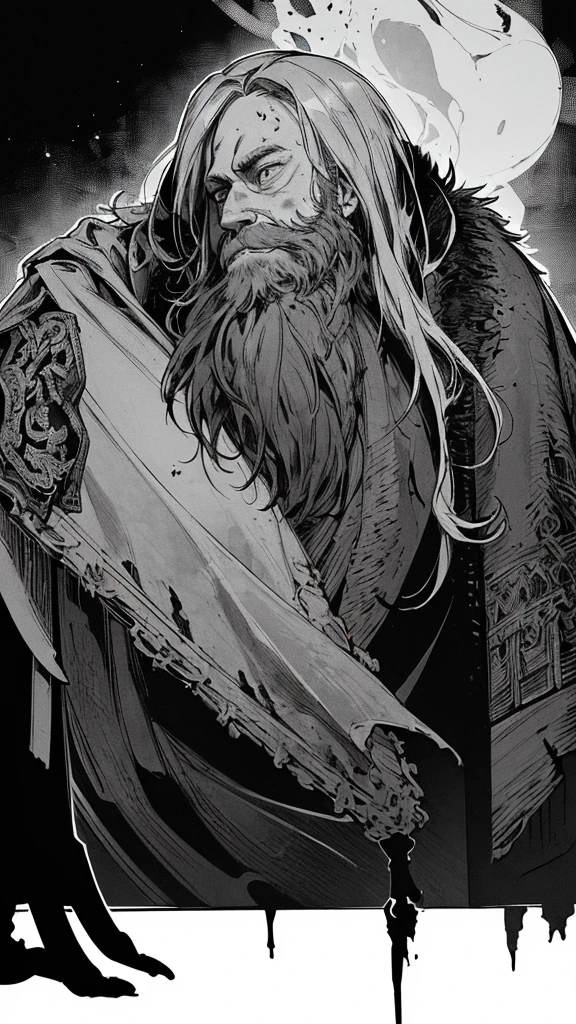 Highest quality, (Background details), High Contrast, Detailed original illustrations, Dwarven warriors、白hair、Muscular々、Wearing armor、whole body、Has an axe、, Medieval, Earrings_Deeply engraved_eye, Wrinkled face, dark_Stitch_Cape, (Dramatic lighting:1.25), (Shadowed Background:1.2), (dirty_ Sloppy_gray_hair:1.2), (length_Hairy_beard:1.3)Small stature、Delicate face, , Wicked Smile、鋭いeye, Black background, (Black background: 1. 5) Beautiful line art, Monochrome