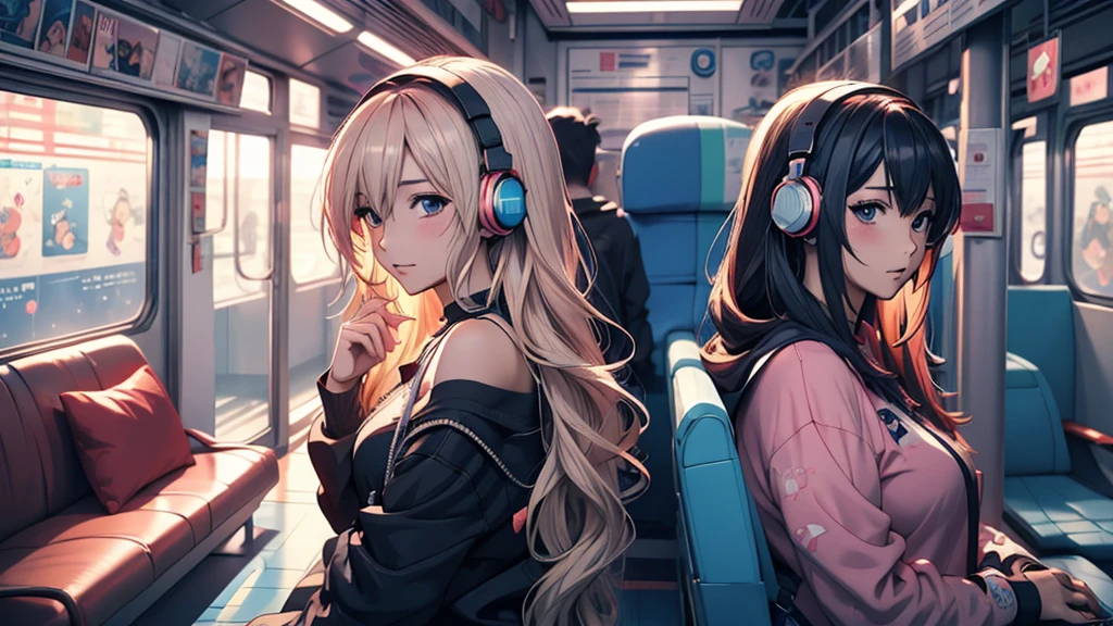 Woman wearing headphones, Anime Style 4 k, anime wallpaper 4k, anime wallpaper 4k, 4k anime wallpaper, anime art wallpaper 4k, anime art wallpaper 4k, Anime Style. 8K, Anime atmosphere, , Ultra HD Anime Wallpaper, Anime Art Wallpaper 8K, Anime Background,landscape、on the train