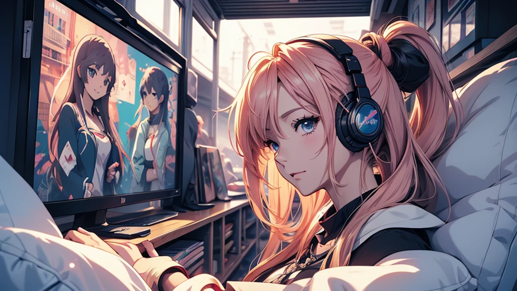 Woman wearing headphones, Anime Style 4 k, anime wallpaper 4k, anime wallpaper 4k, 4k anime wallpaper, anime art wallpaper 4k, anime art wallpaper 4k, Anime Style. 8K, Anime atmosphere, , Ultra HD Anime Wallpaper, Anime Art Wallpaper 8K, Anime Background,landscape、on the train