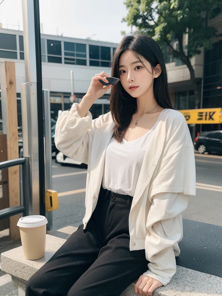 an Asian woman, 30 years old, black layered hair, 155 cm tall, wearing baggy black pants, light brown shirt unbuttoned, holding a coffee cup, white sneakers.