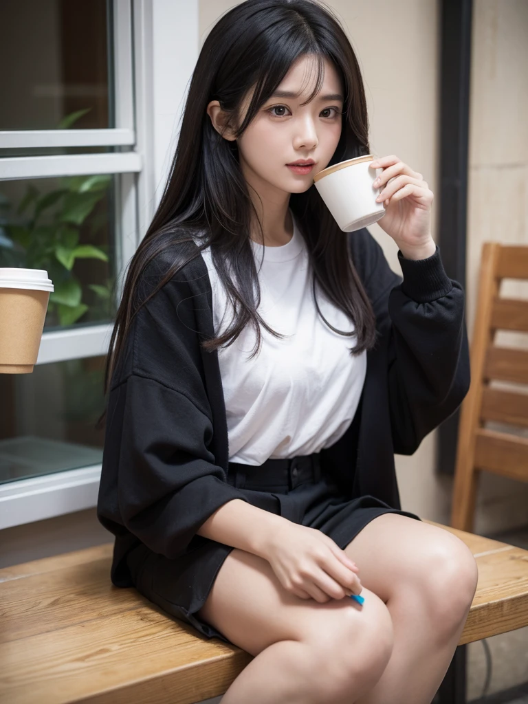 an Asian woman, 30 years old, black layered hair, 155 cm tall, wearing baggy black pants, light brown shirt unbuttoned, holding a coffee cup, white sneakers.