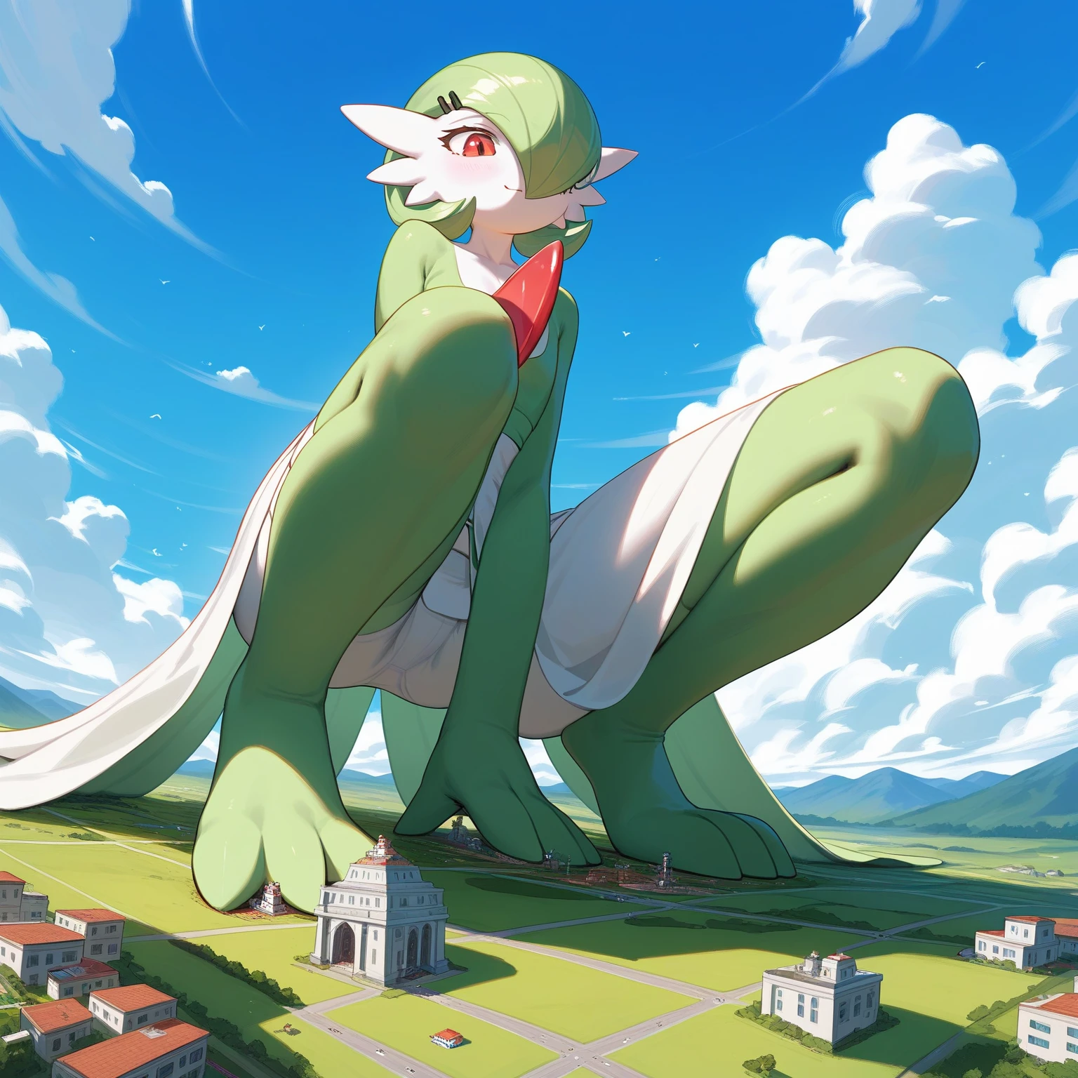 green legs, full body shot, green and white, gardevoir, pokemon, sizedifference, macro, giantess, high angle, stand, looking at the ground, continent, 2 feet, {{1 hand on the knee}}, 3 toes, squat, cloud, island, foot in city, city under character