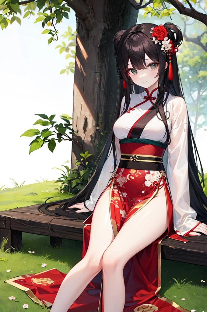 Beautiful Chinese girl，Wearing Hanfu，（transparent），Black long hair，watcher，Sitting on the grass，Lovely，A slight smile on the face，Large bust，（Slim legs:10.0)，Peerless Beauty，Wearing Chinese ancient jade hairpin jewelry，Red leg