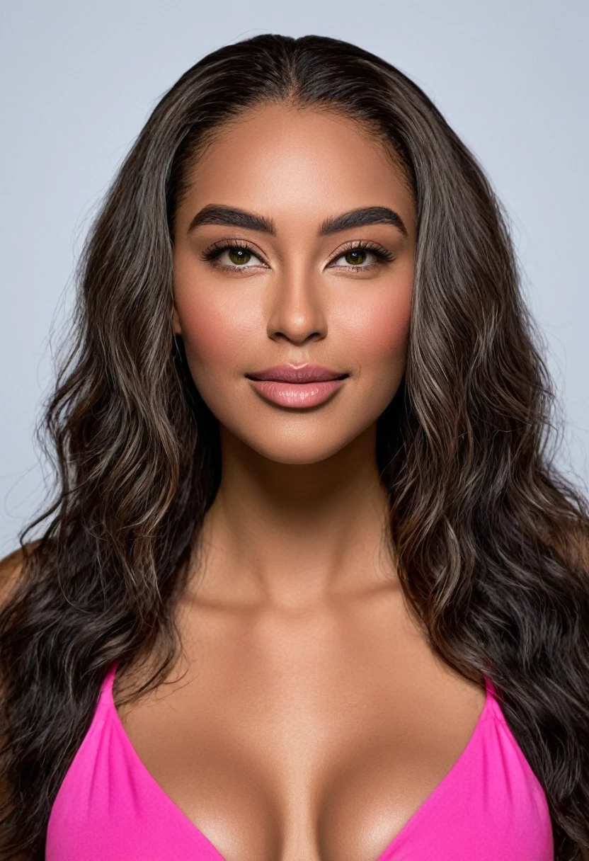 WOMAN wearing a pink bikini, pink micro bikini, pink bra and seducing herself with a lollipop in her mouth. a beautiful woman, beautiful Latin face, Brazilian supermodel, stunning, stunning beauty, Angolan descent, most beautiful woman in the world, jaw-dropping beauty, young adult 30 years old, She has an exotic beauty, native Brazilian, tall woman, a stunning black African woman, with indigenous features, beautiful indigenous girl, ((An indigenous African girl with European ebony)), ((her beauty is undeniable)), beautiful young black woman with dark skin, tanned Mexican. *hair: Curly black hair with brown highlights, Voluminous black hair with brown highlights, vibrant and dynamic cut with soft waves. *eyes: green and expressive eyes, beautiful green eyes, realistic green eyes, detailed green eyes, ultra-realistic, symmetrical, hyper-realistic, (eyeliner, long eyelashes), intense and penetrating look, seductive, mysterious and charming look, look of magnetism, attraction and fascination. * Eyebrows: Perfect eyebrows that arch gracefully above the eyes and are thick. * the nose is small and proportional to the face and the soft contour of the face that accentuates the high cheekbones. *Mouth: Attractive and irresistible mouth, well-defined lips, full lips, voluminous lips, seductive lips, captivating, striking, unforgettable, mischievous, sexy, your features are captivating, seductive expression, a seductive smile is enigmatic *Face shape: O the face is oval, with high cheekbones and a well-defined chin, a beautiful and detailed face. *Makeup: Makeup is subtle, but highlights natural features. Skin tone: Olive skin, healthy and even glow, with olive skin, dark skin, sexy girl with olive skin, detailed skin texture, beautiful and glowing skin, intricate details, smooth skin, healthy and radiant appearance. *body: attractive and slender woman, large bust, large breasts, athletic, thin waist, wide hips, big ass, thick thighs, shapely legs. Art: 1.2, best quality), 8k,