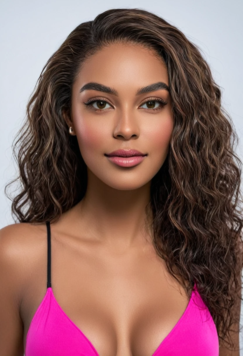 WOMAN wearing a pink bikini, pink micro bikini, pink bra and seducing herself with a lollipop in her mouth. a beautiful woman, beautiful Latin face, Brazilian supermodel, stunning, stunning beauty, Angolan descent, most beautiful woman in the world, jaw-dropping beauty, young adult 30 years old, She has an exotic beauty, native Brazilian, tall woman, a stunning black African woman, with indigenous features, beautiful indigenous girl, ((An indigenous African girl with European ebony)), ((her beauty is undeniable)), beautiful young black woman with dark skin, tanned Mexican. *hair: Curly black hair with brown highlights, Voluminous black hair with brown highlights, vibrant and dynamic cut with soft waves. *eyes: green and expressive eyes, beautiful green eyes, realistic green eyes, detailed green eyes, ultra-realistic, symmetrical, hyper-realistic, (eyeliner, long eyelashes), intense and penetrating look, seductive, mysterious and charming look, look of magnetism, attraction and fascination. * Eyebrows: Perfect eyebrows that arch gracefully above the eyes and are thick. * the nose is small and proportional to the face and the soft contour of the face that accentuates the high cheekbones. *Mouth: Attractive and irresistible mouth, well-defined lips, full lips, voluminous lips, seductive lips, captivating, striking, unforgettable, mischievous, sexy, your features are captivating, seductive expression, a seductive smile is enigmatic *Face shape: O the face is oval, with high cheekbones and a well-defined chin, a beautiful and detailed face. *Makeup: Makeup is subtle, but highlights natural features. Skin tone: Olive skin, healthy and even glow, with olive skin, dark skin, sexy girl with olive skin, detailed skin texture, beautiful and glowing skin, intricate details, smooth skin, healthy and radiant appearance. *body: attractive and slender woman, large bust, large breasts, athletic, thin waist, wide hips, big ass, thick thighs, shapely legs. Art: 1.2, best quality), 8k,