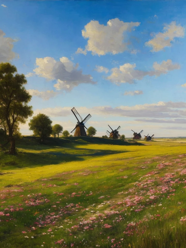 
A landscape showing a flowery meadow and a blue sky with single white clouds. The light is not warm, oil painting, There is a windmill on the hill