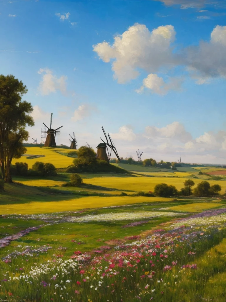 
A landscape showing a flowery meadow and a blue sky with single white clouds. The light is not warm, oil painting, There is a windmill on the hill