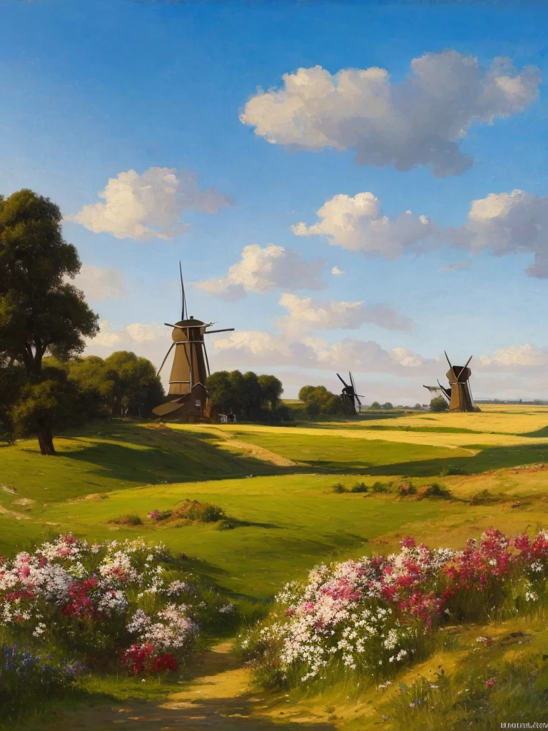 
A landscape showing a flowery meadow and a blue sky with single white clouds. The light is not warm, oil painting, There is a windmill on the hill