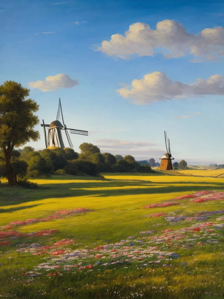 
A landscape showing a flowery meadow and a blue sky with single white clouds. The light is not warm, oil painting, There is a windmill on the hill