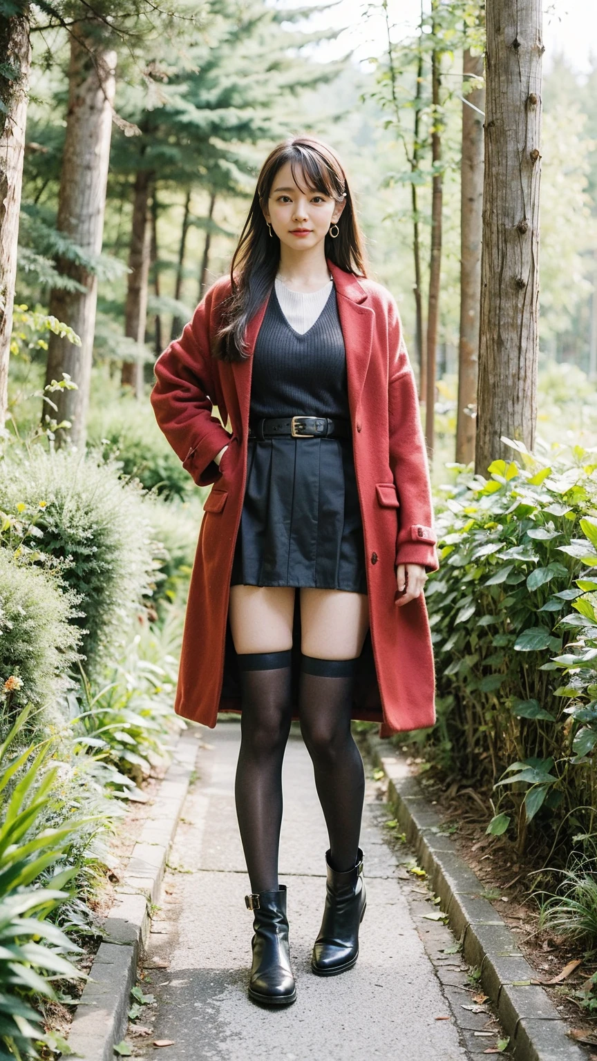 (8K、RAW Photos、Highest quality、masterpiece:1.2)、(Realistic、Realistic)、1 Girl、((mini skirt、coat、black、Thin legs、whole body、boots、one piece、tights、garden、View from the front、Looking into the camera、belt、Stand with hands on hips))、cute