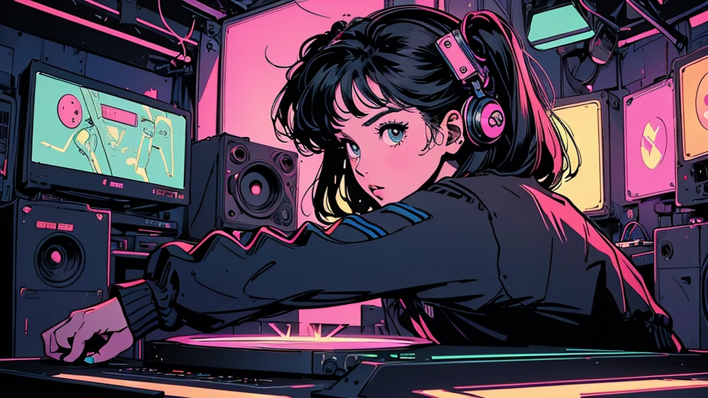 Battle DJ girl in HIPHOP fashion wearing DJ headphones,Front view , Turntablist, DJ Scratch, Two large LED-illuminated speakers on each side, Immerse yourself in a neon-lit environment, In front of her is a music mixer and a turntable.、A record is placed on the turntable,ターンテーブルはTechnics SL-1200MK7, JQBert,