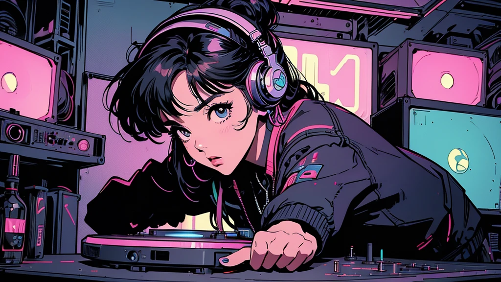 Battle DJ girl in HIPHOP fashion wearing DJ headphones,Front view , Turntablist, DJ Scratch, Two large LED-illuminated speakers on each side, Immerse yourself in a neon-lit environment, In front of her is a music mixer and a turntable.、A record is placed on the turntable,ターンテーブルはTechnics SL-1200MK7, JQBert,