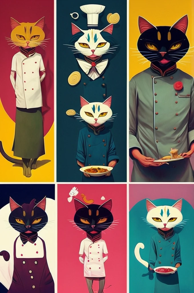 French chef with cat face、Arrangement work、Serious expression、(Dynamic pose:1.2)、Outstanding works of art、(Avant-garde masterpieces:1.6)、Flashy colors、