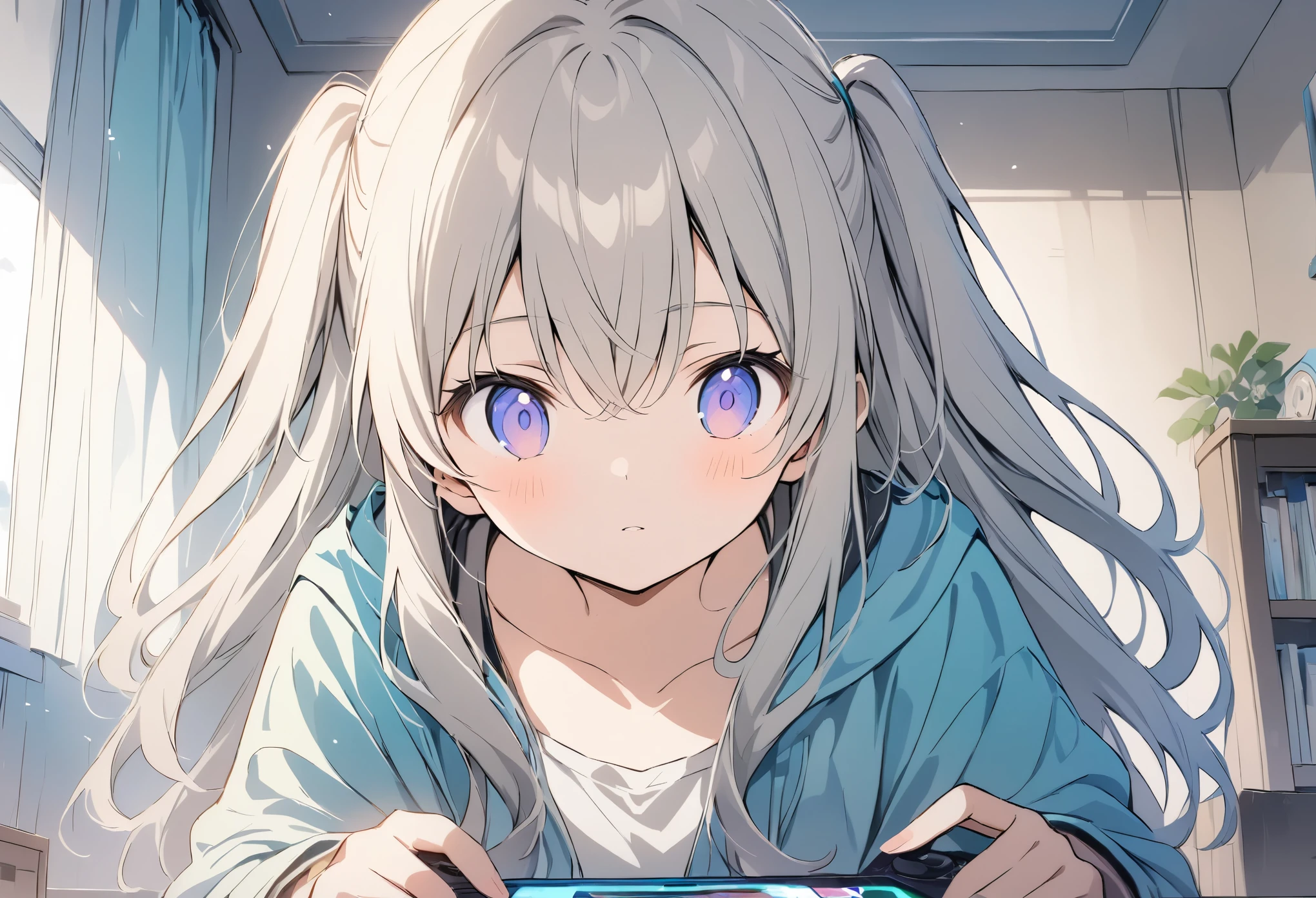 Anime Drawing,Golden Ratio,Very detailed、Very absurd、超High resolution, Attention to detail, high quality, High resolution, 最high quality, 4K, 8K,milky white hair, long hair, hair between eyes, wavy hair, extra-long sideburns, two side up,Girls playing games、Comic expression eyes、Sitting on the floor,One Girl,solo,Young girl、Colorful girls room,,Light brown hair