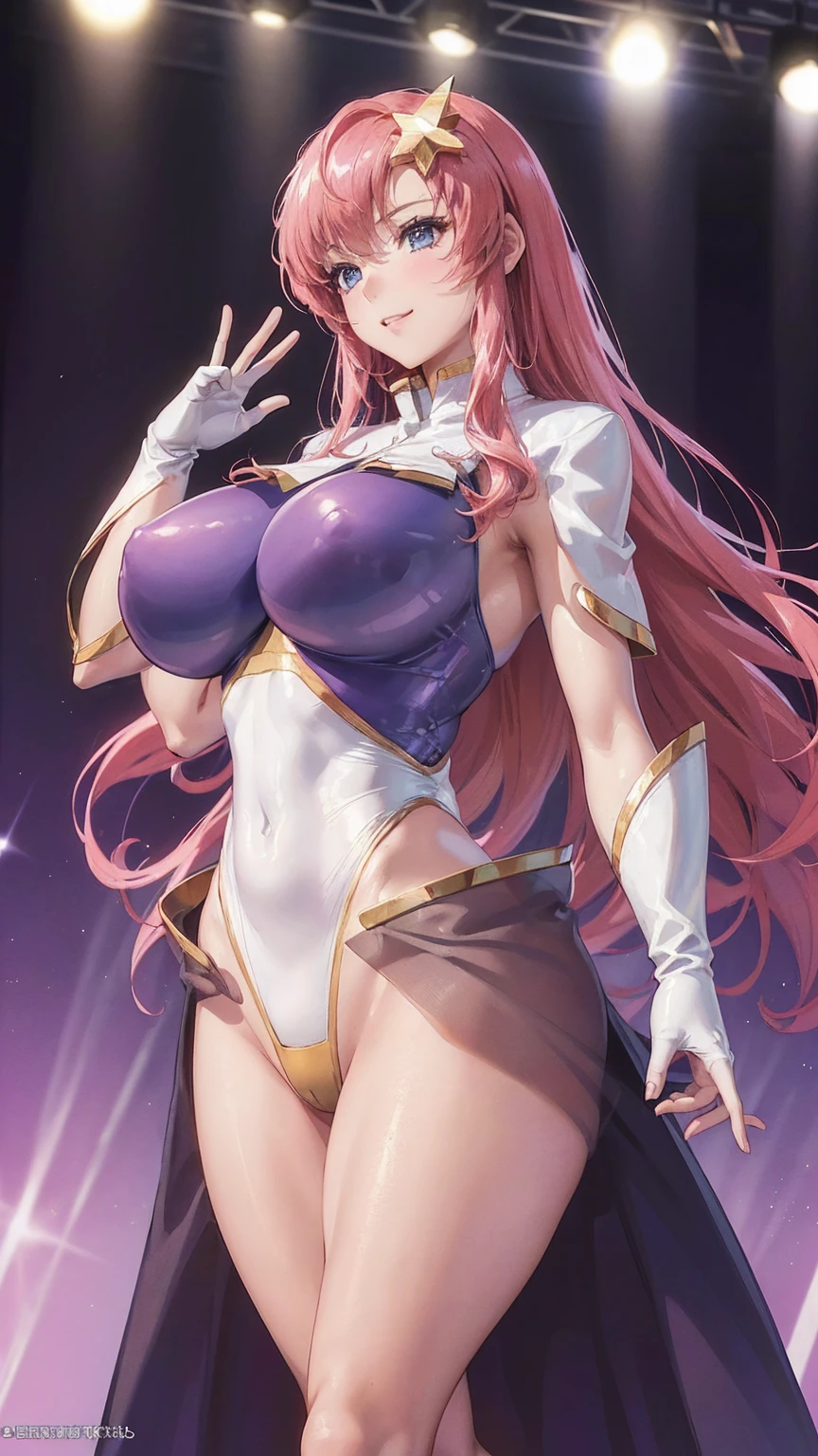 (masterpiece)、(Best image quality)、(Very detailed)、(Very detailed)、4K、(8K)、Best image quality、(beautiful)、
More about Campbell, 1 Girl, star hair ornaments, hair ornaments, Pink Hair, Long Hair, gloves, Leotard Purple Leotard, White leotard, A tight leotard、Huge breasts、Thick thighs、,A light smile、Dynamic pose、gravure、Dynamic Angle、Noise Reduction、Emphasis on the crotch、Breast Augmentation