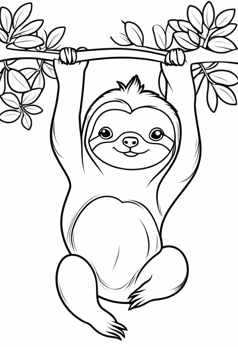 FUNNY KAWAII CUTE SLOTH HANGING OF A TREE CONTOUR VECTOR IMAGE,