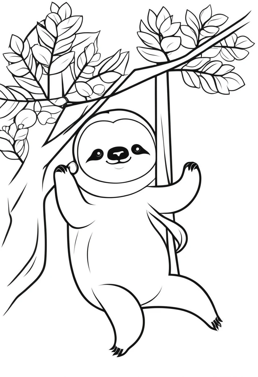 FUNNY KAWAII CUTE SLOTH HANGING OF A TREE CONTOUR VECTOR IMAGE,
