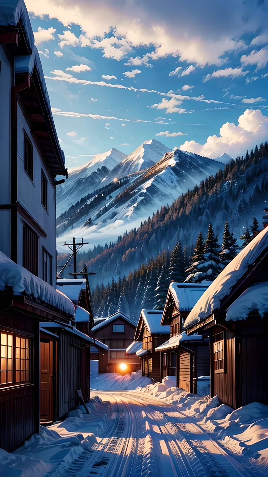 Snow,village,sunrise,Look up,Maximum resolution,The most beautiful scenery。