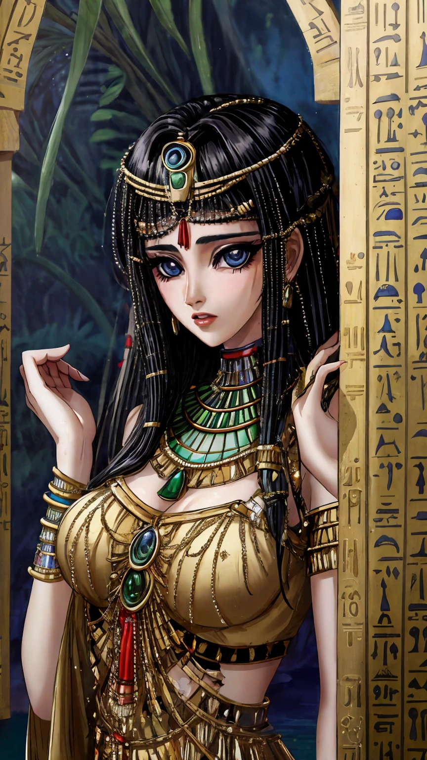 [((A young and beautiful Egyptian woman with straight blonde hair and emerald eyes is standing near a lotus pond. She is dressed in traditional Egyptian clothing, focusing on intricate details and a majestic appearance. The woman has an exquisite and smooth, fair skin and uses Egyptian eyeliner to accentuate the eyes. The image is rendered in very high quality, focusing on the realistic and detailed CG art and beauty of Egyptian culture.)))]