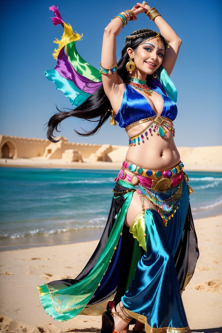 (((35 year old ancient Arabian belly dancing woman, colorful top, silk skirt, blue eyes))), (((black hair))), extremely feminine, smiling, wonderful smile,
dynamic poses, lighthearted moments, capturing the excitement and energy, sandy oasis, 8k , photorealistic
