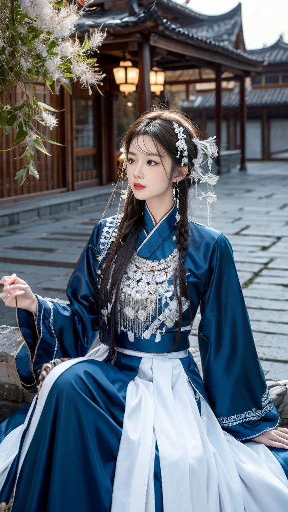 （8K，best quality，masterpiece：1.2），Ultra-high detail，Professional lighting，best quality，Ultra-high resolution，Visually stunning，A woman with long flowing hair，Wearing light snow-white Hanfu，Sitting in the quiet courtyard，Her sleeves danced lightly in the wind，Blending in with the surrounding snowy scenery，Showing an otherworldly temperament，Real human skin，（Perfect body 1.3）Super delicate face。