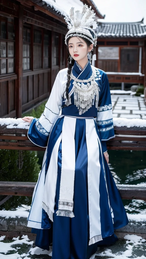 (8K,best quality,masterpiece:1.2),Ultra-high detail,Professional lighting,best quality,Ultra-high resolution,Visually stunning,A woman with long flowing hair,Wearing light snow-white Hanfu,Sitting in the quiet courtyard,Her sleeves danced lightly in the wind,Blending in with the surrounding snowy scenery,Showing an otherworldly temperament,Real human skin,(Perfect body 1.3)Super delicate face。