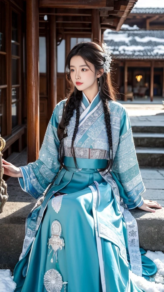 （8K，best quality，masterpiece：1.2），Ultra-high detail，Professional lighting，best quality，Ultra-high resolution，Visually stunning，A woman with long flowing hair，Wearing light snow-white Hanfu，Sitting in the quiet courtyard，Her sleeves danced lightly in the wind，Blending in with the surrounding snowy scenery，Showing an otherworldly temperament，Real human skin，（Perfect body 1.3）Super delicate face。