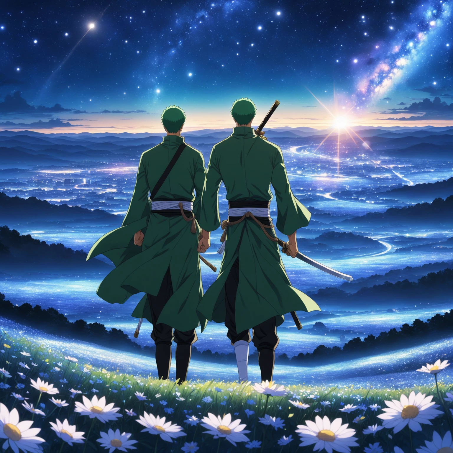 anime screencap from studio ufotable Roronoa Zoro, night, blue light behind him, ((Galaxy, Lens flare)), flower field, night sky, cinematic shot. Wallpaper. (Blue color schema), detailed background, a city in the distance