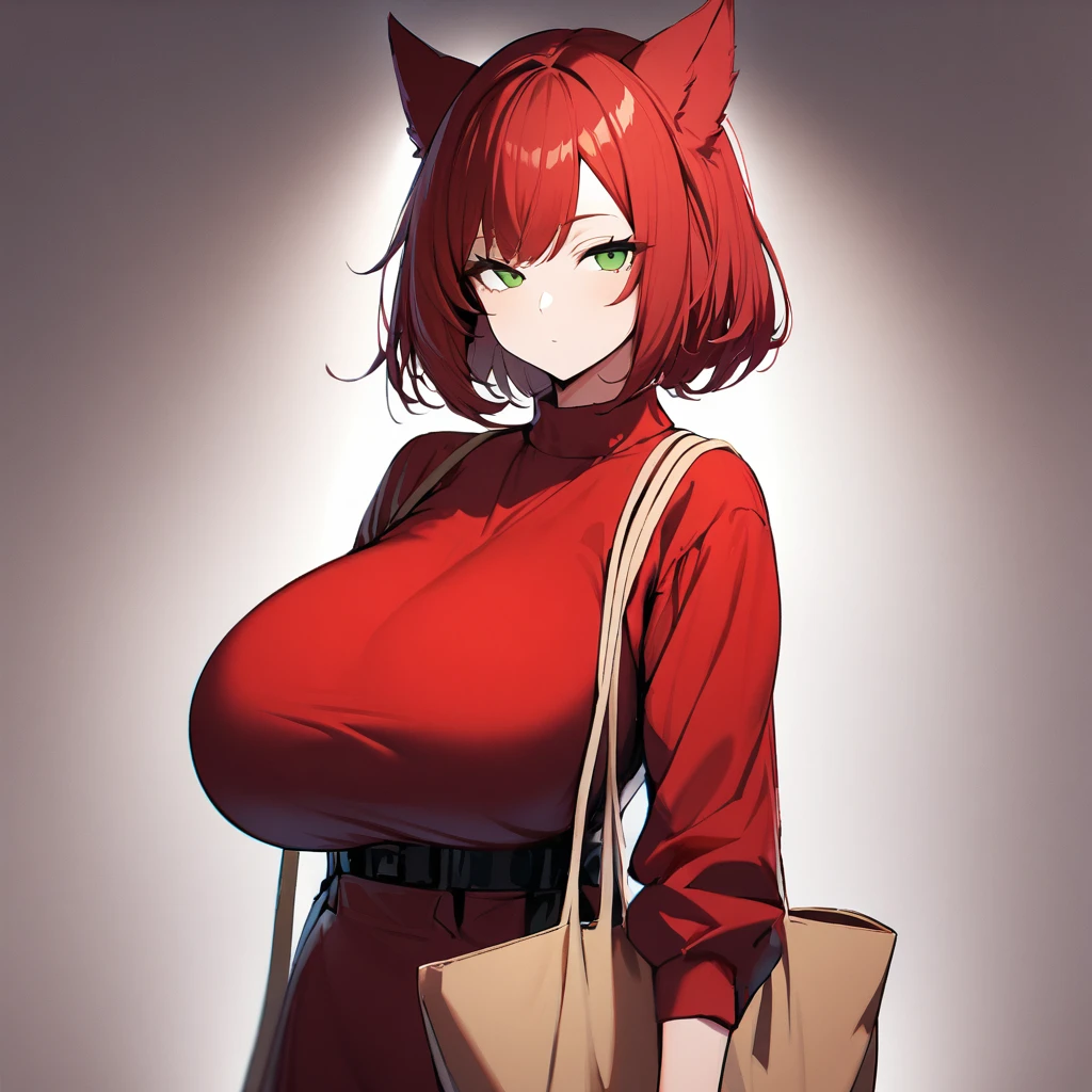 1girl,solo,red hair color,wolf cut hair(short),wolf ears,green eyes,slanted eyes,super huge breasts,slender,red shirt,long sleeves,tote bag,expressionless,looking at viewer,near,beautiful person ,cool,standing up,white background