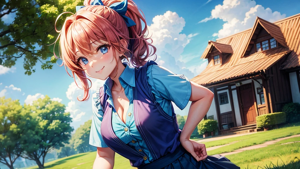 1girl, solo, summer, village, trees, sun, clouds, fantasy, ((colorful hair)), curly hair, ponytail, big full breasts, ((blue vest sweeter)), button down shirt, ((blue shirt)), ((short sleeved shirt)), ((unbuttoned shirt)), unbuttoning buttons, cleavage 1:3, blue eyes, skirt, smile, looking at the viewer, standing, hair ribbon, golden necklate