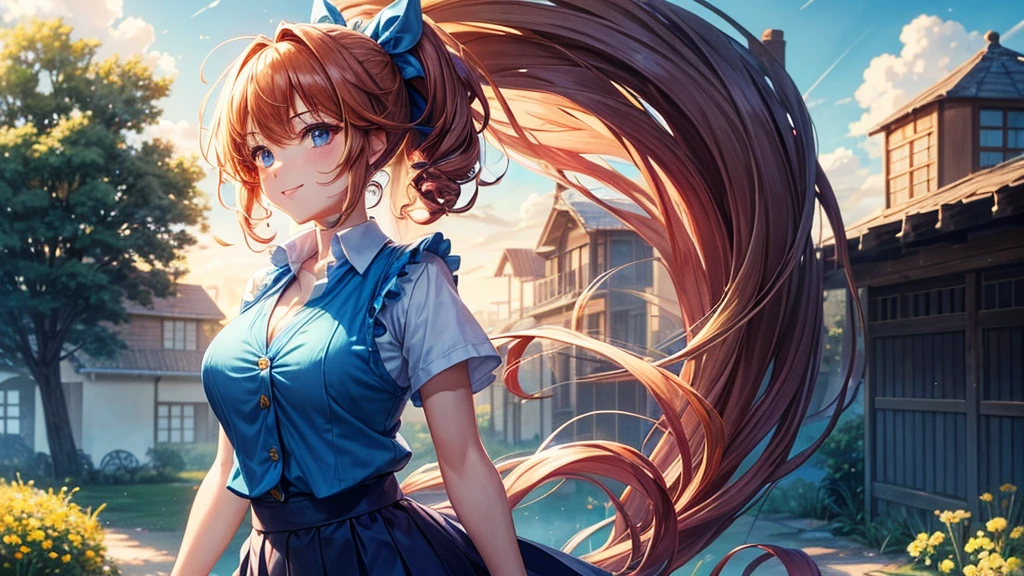 1girl, solo, summer, village, trees, sun, clouds, fantasy, ((colorful hair)), curly hair, ponytail, big full breasts, ((blue vest sweeter)), button down shirt, ((blue shirt)), ((short sleeved shirt)), ((unbuttoned shirt)), unbuttoning buttons, cleavage 1:3, blue eyes, skirt, smile, looking at the viewer, standing, hair ribbon, golden necklate