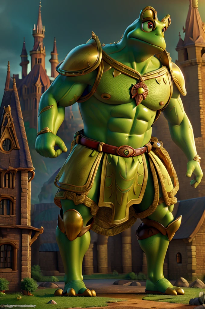 a giant green frog prince, golden armor, big castle background, fairytale, muscular body, highly detailed, 8k, intricate details, cinematic lighting, dramatic composition, fantasy art, vibrant colors, rich textures, hyper realistic, epic scale, magical realism, art by greg rutkowski and lois van baarle