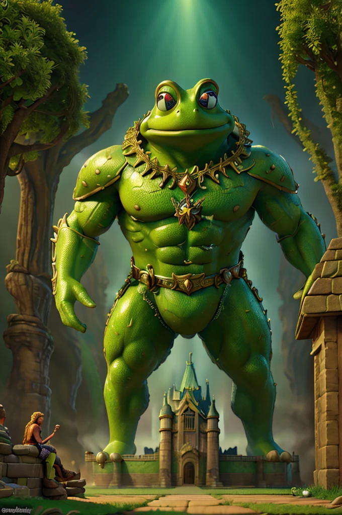 a giant green frog prince, golden armor, big castle background, fairytale, muscular body, highly detailed, 8k, intricate details, cinematic lighting, dramatic composition, fantasy art, vibrant colors, rich textures, hyper realistic, epic scale, magical realism, art by greg rutkowski and lois van baarle