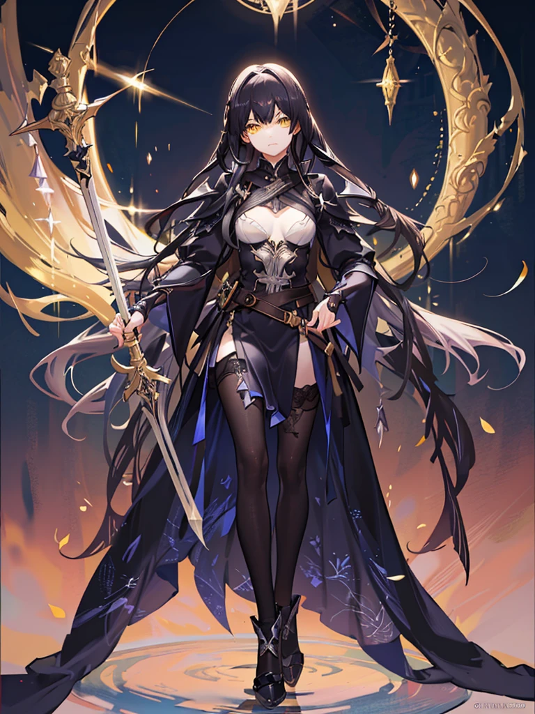 Adult male、Single、White long hair、Yellow Eyes、Darkness attribute、Holding a black magic sword、Black Armor、Fantasy、Dark Aura、Expressionless