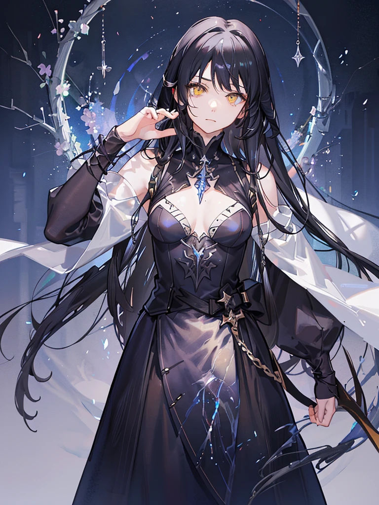 Adult male、Single、White long hair、Yellow Eyes、Darkness attribute、Holding a black magic sword、Black Armor、Fantasy、Dark Aura、Expressionless