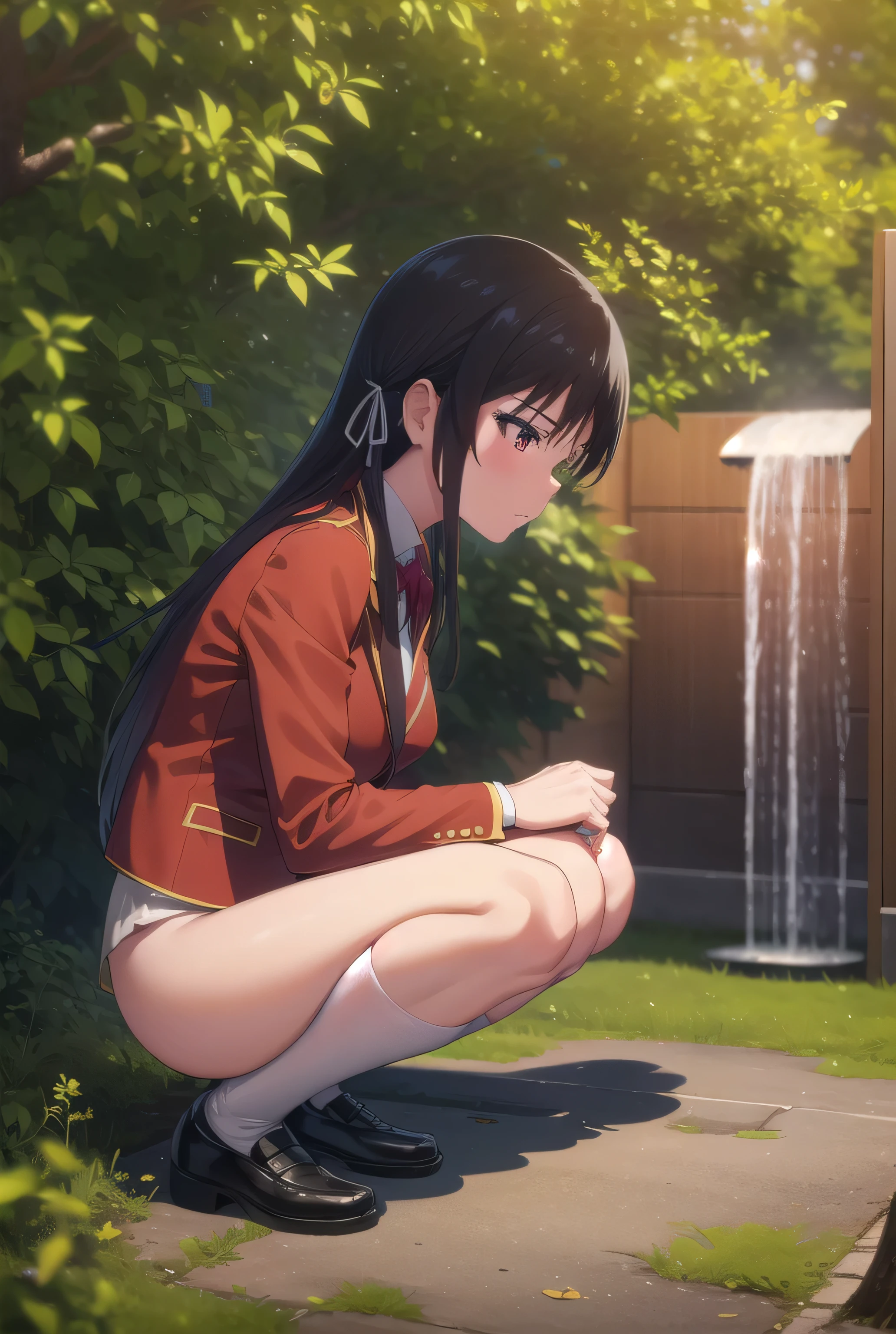 nsfw,suzune horikita,forest,Under the tree,Show the whole body,front,from the front,uniform,Red blazer,Hair ribbon, black knee-high socks,(((Pee,Urinating))),squat,((女genital,genital,))