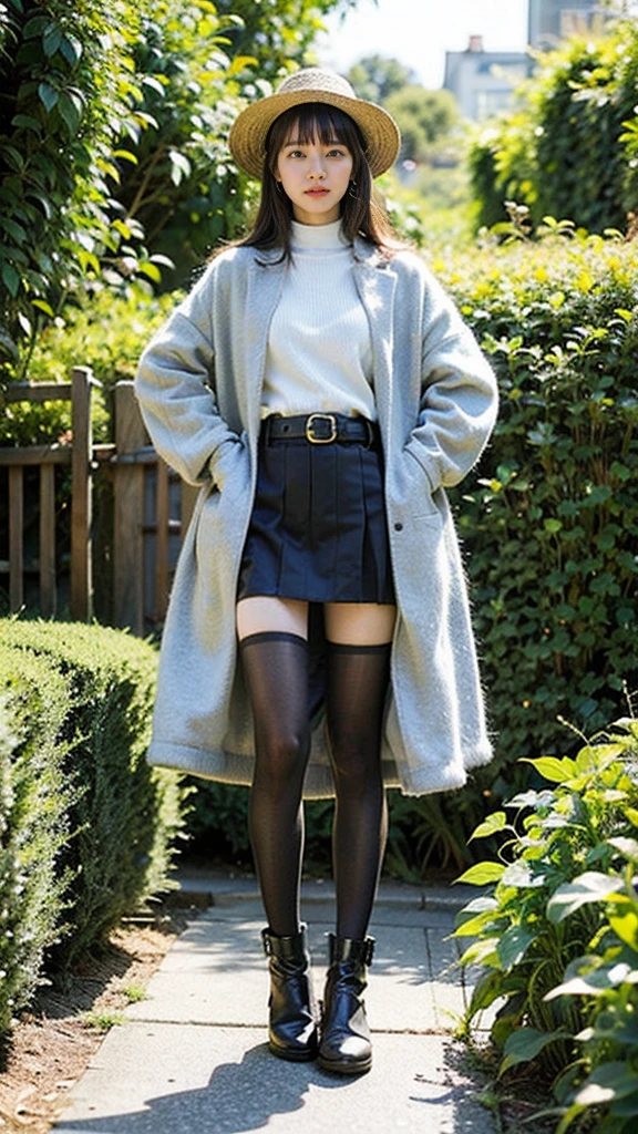 (8K、RAW Photos、Highest quality、masterpiece:1.2)、(Realistic、Realistic)、1 Girl、((mini skirt、coat、black、Thin legs、whole body、boots、one piece、tights、garden、View from the front、Looking into the camera、belt、Stand with hands on hips))、cute