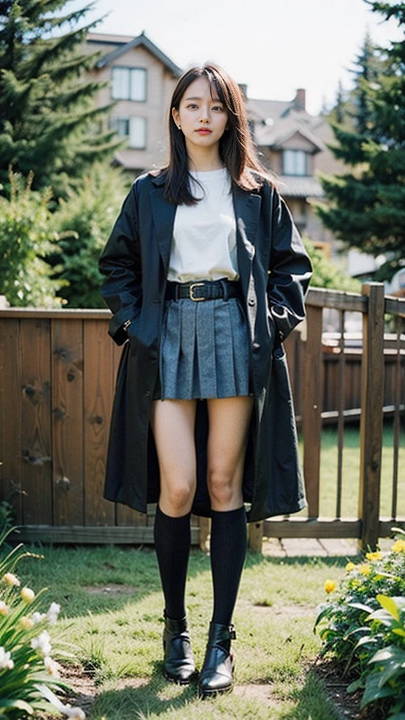 (8K、RAW Photos、Highest quality、masterpiece:1.2)、(Realistic、Realistic)、1 Girl、((mini skirt、coat、black、Thin legs、whole body、boots、one piece、tights、garden、View from the front、Looking into the camera、belt、Stand with hands on hips))、cute