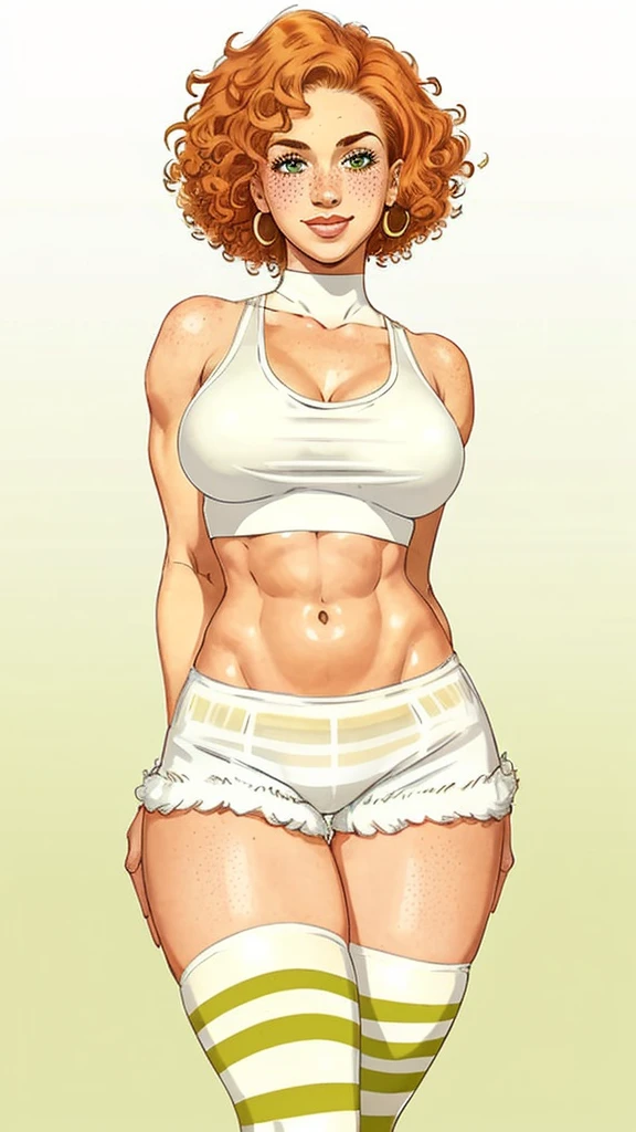 Lacy Lemon, pretty woman, curly ginger hair, midriff, white cloth hotpants,tank top, short shorts, freckles, large breasts, rubenesque, thigh high striped socks, far shot, covered nipples, green eyes, white background, blank background