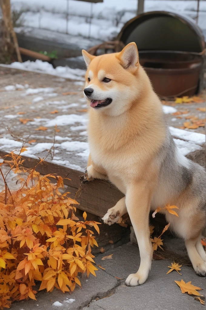 a Shiba Inu dog, adorned with a warm, orange scarf, sitting amidst a snowy environment. The dog appears to be enjoying the snowfall, with its eyes closed and a content expression on its face. Surrounding the dog are various objects, including a pot with a lid, some wooden utensils, and scattered autumn leaves. The overall ambiance of the image is serene and cozy, capturing the essence of a peaceful autumn day.
