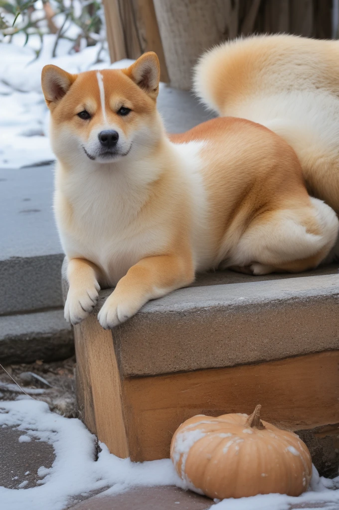 a Shiba Inu dog, adorned with a warm, orange scarf, sitting amidst a snowy environment. The dog appears to be enjoying the snowfall, with its eyes closed and a content expression on its face. Surrounding the dog are various objects, including a pot with a lid, some wooden utensils, and scattered autumn leaves. The overall ambiance of the image is serene and cozy, capturing the essence of a peaceful autumn day.