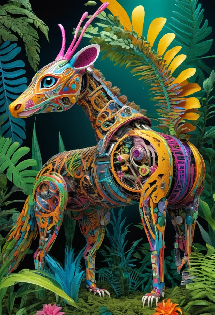 Future genetic engineering will incorporate living organisms into works of art., Covered by animals, flora. Alebrije, masterpiece, Hyper HD, Axonometric diagram, jungle. cyber punk