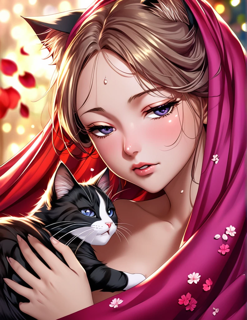 (Harem Manga style:1.2) , Hallucination, daydream , nightmare , Insane Dream , bokeh , erotica , romance , girl and realistic cat , Petals fluttering down , (Single eyelids, round nose, swollen cheeks) , glossy lips , Collarbone , Hair blowing in the wind , Goddess of lust , wrapped body by transparent blanket , hide crotch by cat , (close up cat:1.1)
