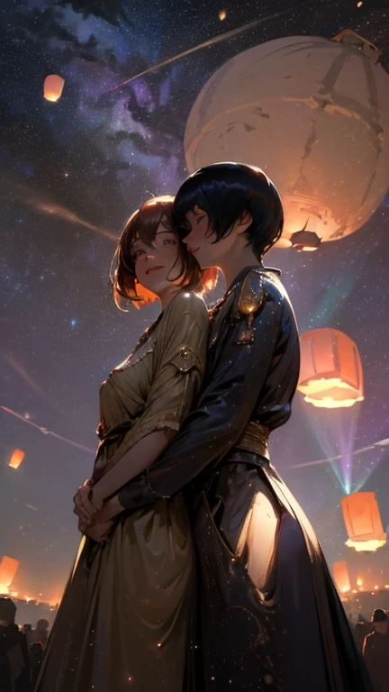 nsfw, Masterpiece, top quality, highly detailed, Photorealistic style, Chiaroscuro style, backlighting, 

2 girls, A lesbian couple make out in yukata, Hug from behind,
looking at the camera with a smile,
A close-up of their beautiful eyes,

(Lots of fireworks all over the sky,
Many Lanterns floating in the sky,
big shining milky way:1.4),