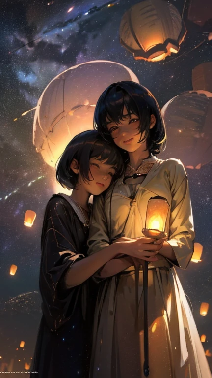 nsfw, Masterpiece, top quality, highly detailed, Photorealistic style, Chiaroscuro style, backlighting, 

2 girls, A lesbian couple make out in yukata, Hug from behind,
looking at the camera with a smile,
A close-up of their beautiful eyes,

(Lots of fireworks all over the sky,
Many Lanterns floating in the sky,
big shining milky way:1.4),