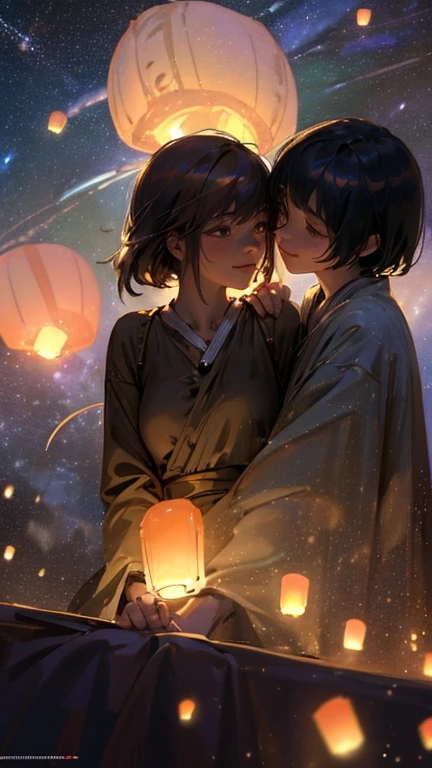 nsfw, Masterpiece, top quality, highly detailed, Photorealistic style, Chiaroscuro style, backlighting,
2 girls, A lesbian couple make out in yukata, Hug from behind,
looking at the camera with a smile,
A close-up of their beautiful eyes,
(Lots of fireworks all over the sky,
Many Lanterns floating in the sky,
big shining milky way:1.4),